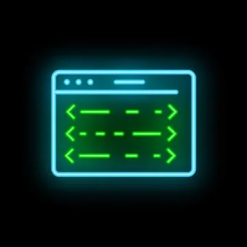 Neon icon of web development programming code in browser window Illustrazione stock
