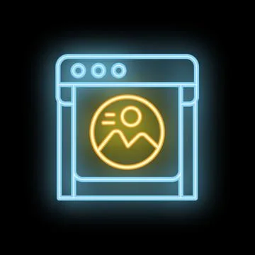 Neon icon of webpage displaying image file with mountains and sun Stock Illustration