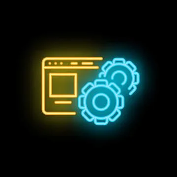 Neon icon of website being optimized with gears turning Illustrazione stock
