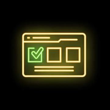 Neon icon of website with check mark in checkbox showing completed task Illustrazione stock