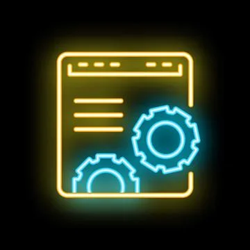 Neon icon of website development showing browser window and gears Illustrazione stock