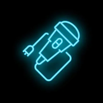 Neon icon of wired microphone with power plug on black background Stock Illustration