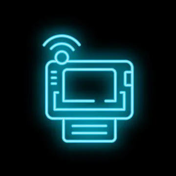 Neon icon of wireless printing using laptop with wifi signal on black backg.. Stock Illustration