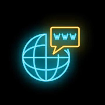 Neon icon of www speech bubble connecting to earth globe for global website.. Illustrazione stock