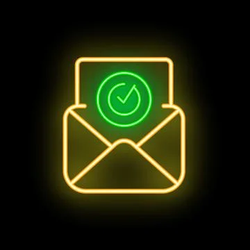 Neon icon of yellow open mail envelope with green approved symbol Stock Illustration