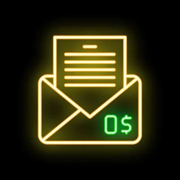 Neon icon of zero dollar invoice in opened envelope on black background Stock Illustration