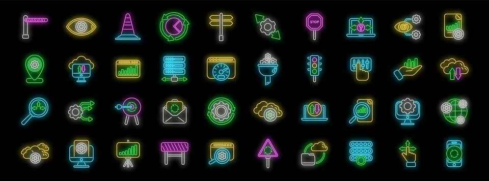 Neon icons representing data analysis, traffic control, and system optimizati 스톡 일러스트