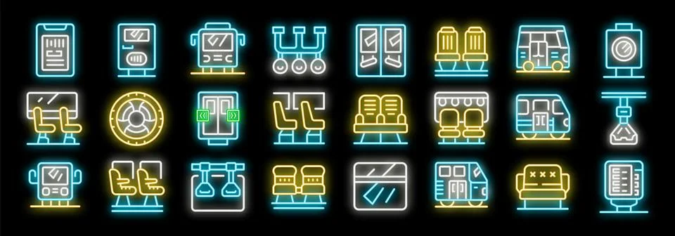 Neon icons representing elements of train travel, including interior and exte Illustration