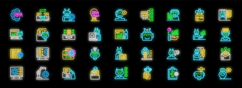 Neon icons representing robotic process automation concepts, featuring bots,  Illustrazione stock