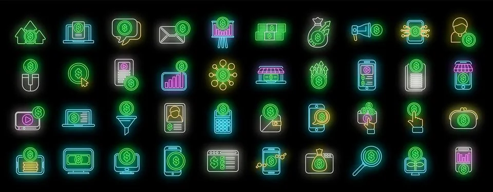 Neon icons set featuring different ways of making money online, investment Illustrazione stock