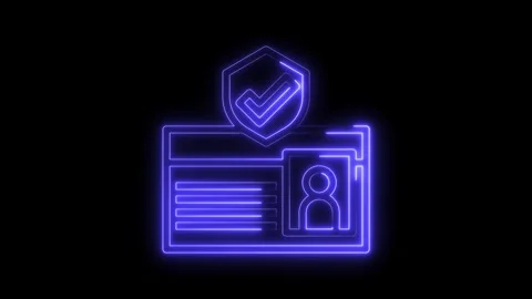 Neon identity card and protected security glowing badge with checkmark on black Stock Footage 322973143
