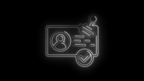 Neon identity card approved stamp glowing white outline on black background.. Stock Footage 346824508