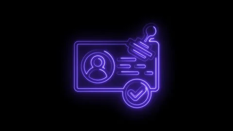 Neon identity card with profile icon stamp and checkmark approval glowing purple Stock Footage 333955608