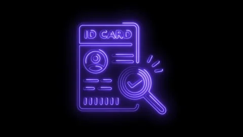 Neon identity card verification magnifying glass icon animation for security and Stock Footage 330776396