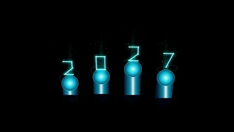 Neon illuminated digital countdown 2027 year display on floating blue metal.. Stock Footage 344309381