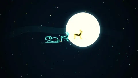 Neon illuminated reindeer pulling a sleigh across a starry night sky video Stock-Footage 345242872