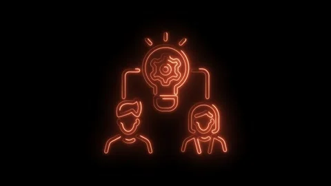 Neon illuminated team brainstorming with idea lightbulb and gears on black .. Stock Footage 345994124