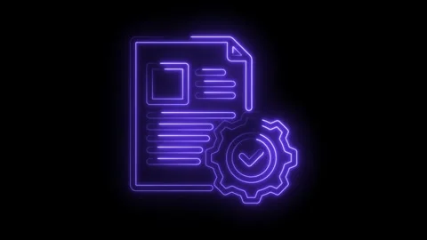 Neon illustration of document with gear and check mark on dark background Stock Footage 345997986