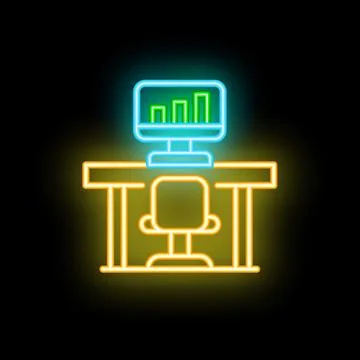 Neon illustration of an office desk with a computer showing a growing bar cha 스톡 일러스트