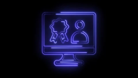 Neon illustration of online certification process on computer screen with black Stock Footage 322986571