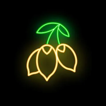 Neon illustration representing three dates hanging from a branch, with yellow Stock Illustration