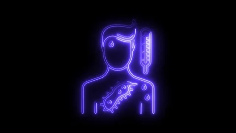 Neon illustration of sick man with thermometer and virus Stock Footage 308179723