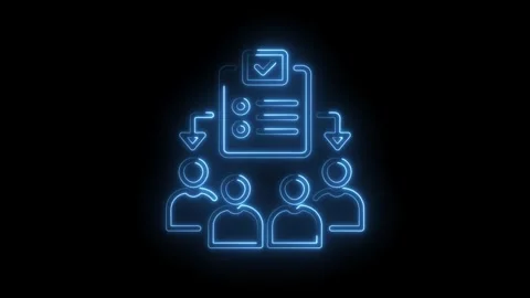 Neon illustration of task assignment with team members on dark background a.. Stock Footage 345984187