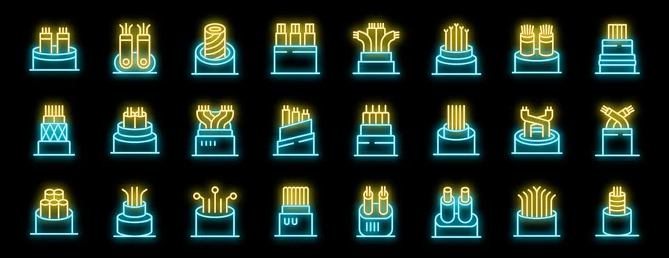 Neon illustrations of various electric cable types Stock Illustration
