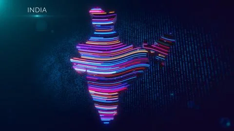 Neon India Map with Modern Digital Grid and Country Name Stock Illustration