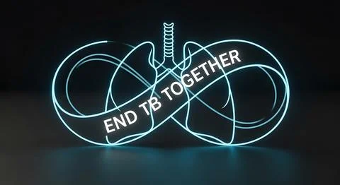 Neon infinity loop with lung silhouette and end tb together text for global.. Stock Illustration