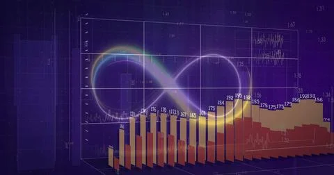 Neon infinity symbol looping with 3D bar chart with values in digital Stock Photos