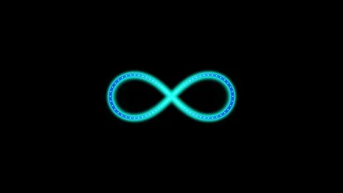 Neon infinity symbol with pulsing blue light dots on black background loop .. Stockbeeldmateriaal 344021850