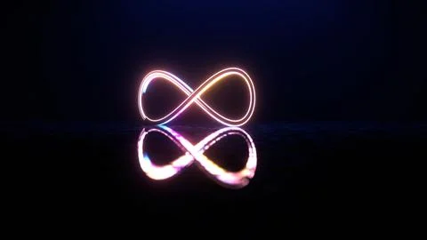 Neon Infinity Symbol with Reflection in Dark Abstract Space Stock Illustration