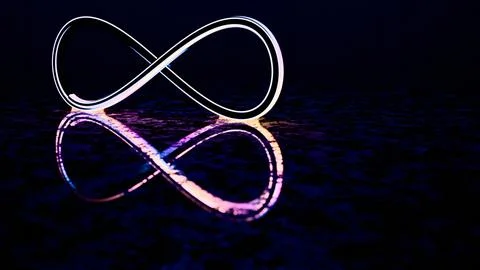 Neon Infinity Symbol with Reflection in Dark Abstract Space Stock Illustration