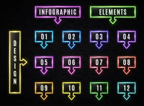 Neon Infographics elements on black background. Stock Illustration