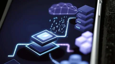 Neon infrastructure map links cloud and server Stock Photos