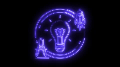Neon innovation circle animation with idea lightbulb rocket and compass des.. Stock Footage 308286397
