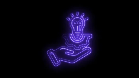 Neon innovation idea light bulb gear held in hand creative concept animated Stock Footage 346005969