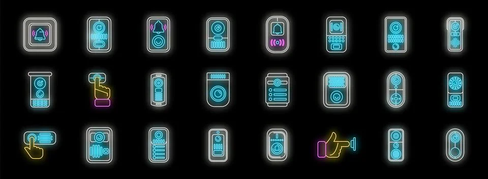 Neon intercom icons representing building security and communication Stock Illustration