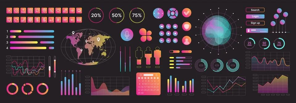 Neon interface elements kit for UI UX web design, template button color icon set Stock Illustration