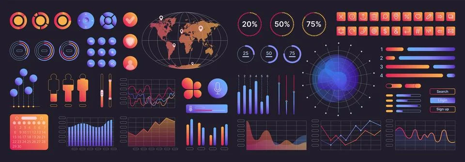 Neon interface elements kit for UI UX design, round and square button, bar color Stock Illustration