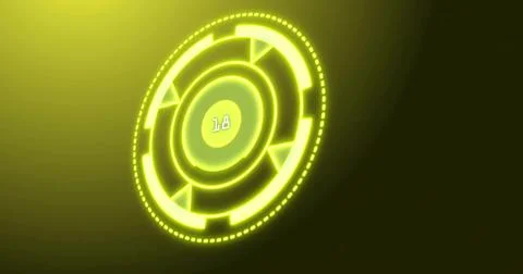 Neon interface floating on dark gradient, with segmented rings, arrows, dotte Foto stock