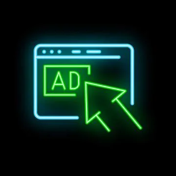 Neon internet browser window displaying online advertisement with mouse cur.. Illustrazione stock