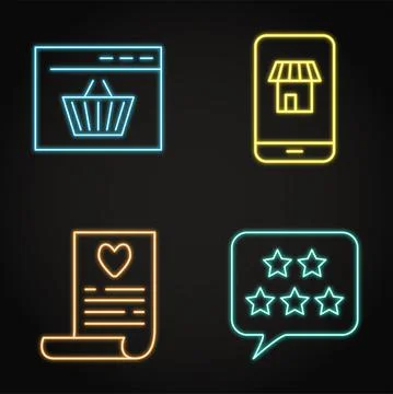 Neon internet commerce icon set in line style Stock Illustration
