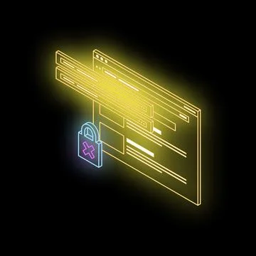 Neon internet security breach with open padlock and cross mark 库存插图