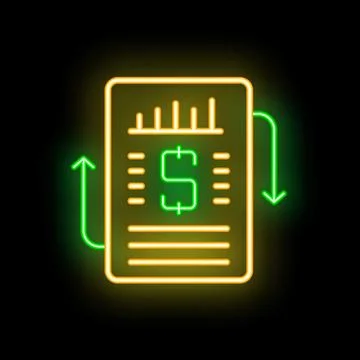 Neon invoice with increasing and decreasing green arrows, symbolizing financi Stock Illustration