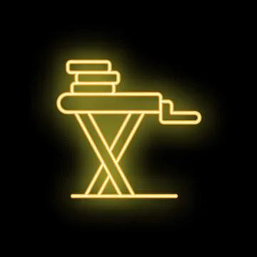 Neon ironing board with stack of clothes glowing on black background Illustrazione stock