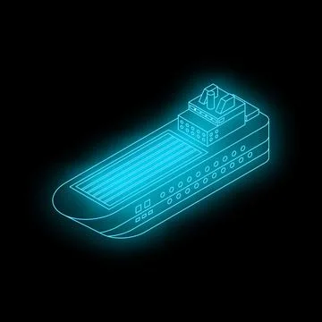 Neon isometric cargo ship sailing on black background Stock Illustration