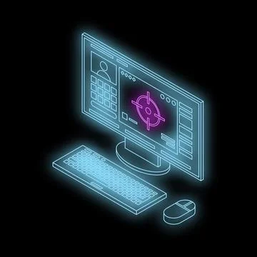 Neon isometric computer showing target on screen with keyboard and mouse Stockillustratie