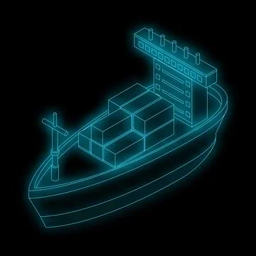 Neon isometric container ship carrying cargo at night Stock Illustration